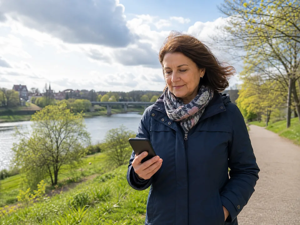 Frau prüft bei wechselhaftem Wetter Gesundheitsinformationen auf ihrem Smartphone