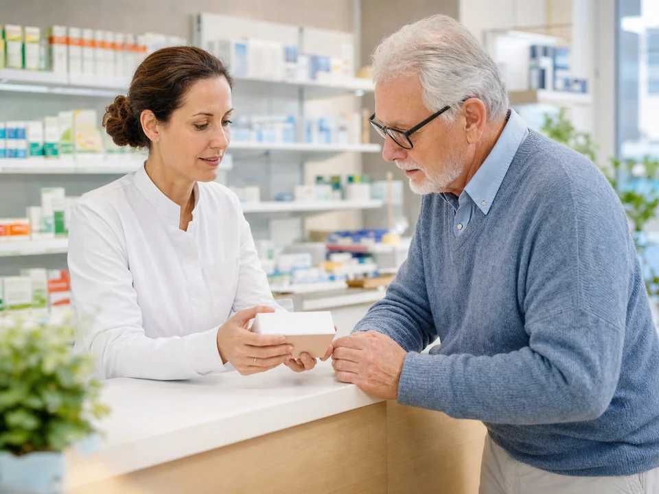 Apothekerin berät einen Kunden zur Verfügbarkeit eines Arzneimittels