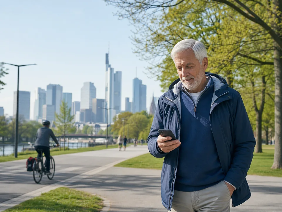 Mann prüft bei einem Spaziergang Informationen zur Luftqualität