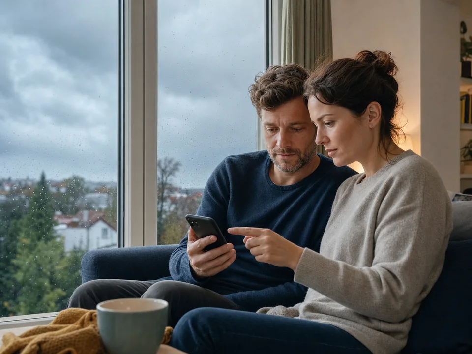 Paar prüft bei unbeständigem Wetter eine Warnmeldung auf dem Smartphone