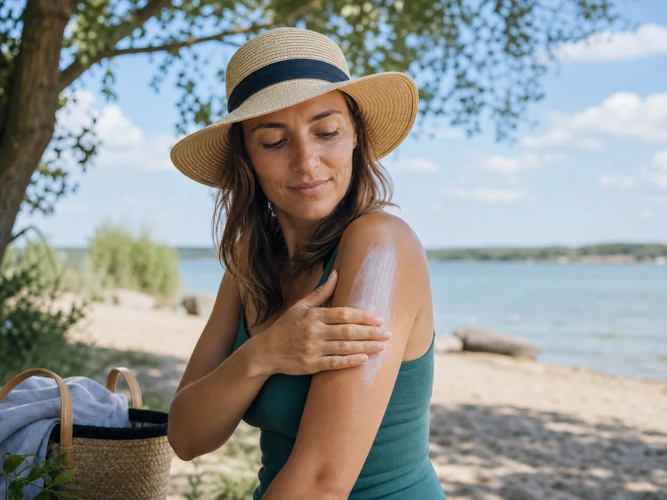 Frau trägt im Freien Sonnenschutz auf