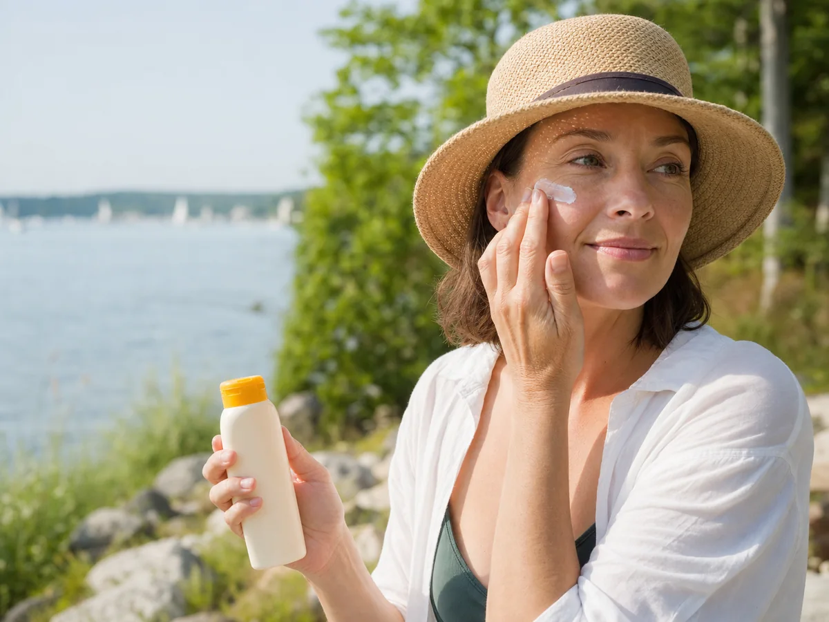 Frau trägt im Freien Sonnencreme auf ihr Gesicht auf
