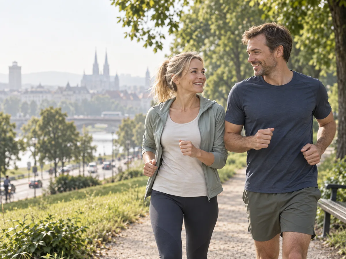 Blonde Frau und braunhaariger Mann joggen gemeinsam in einem städtischen Park